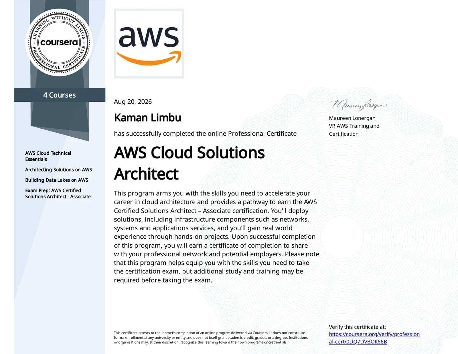 Kaman Limbu's AWS Cloud Solutions Architect Professional Certificate