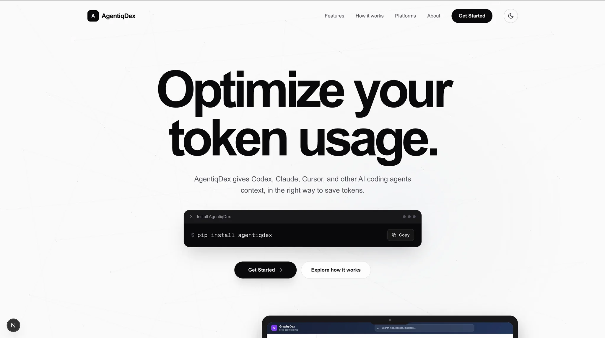 AgentiqDex website showing its optimize token usage homepage