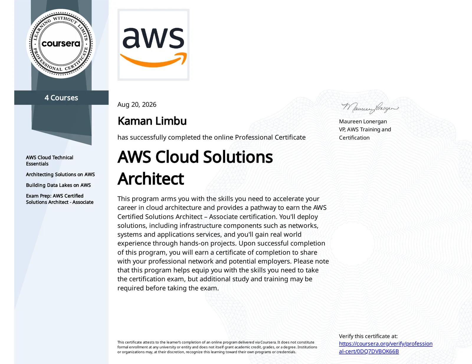 Kaman Limbu's AWS Cloud Solutions Architect Professional Certificate